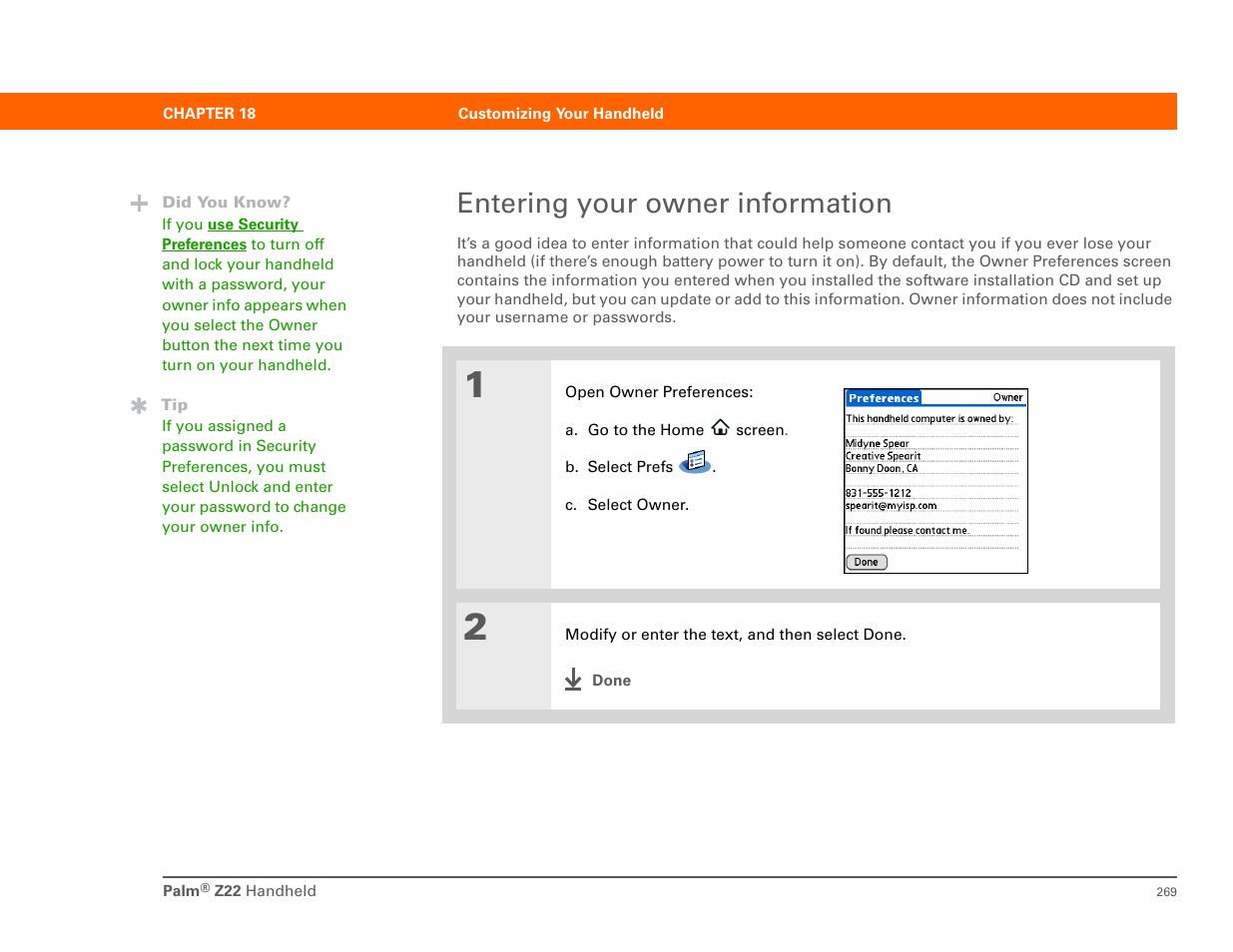 Entering your owner information | Palm Z22 User Manual | Page 283 / 343