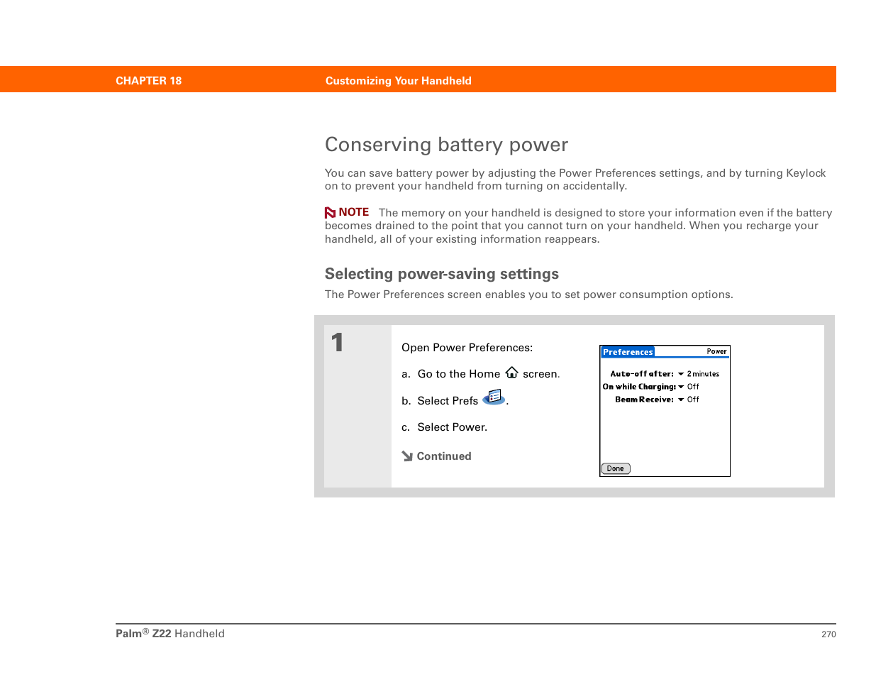 Conserving battery power, Selecting power-saving settings, Reduce the auto-off setting | Palm Z22 User Manual | Page 284 / 343