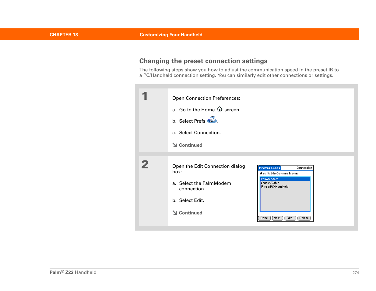 Changing the preset connection settings | Palm Z22 User Manual | Page 288 / 343