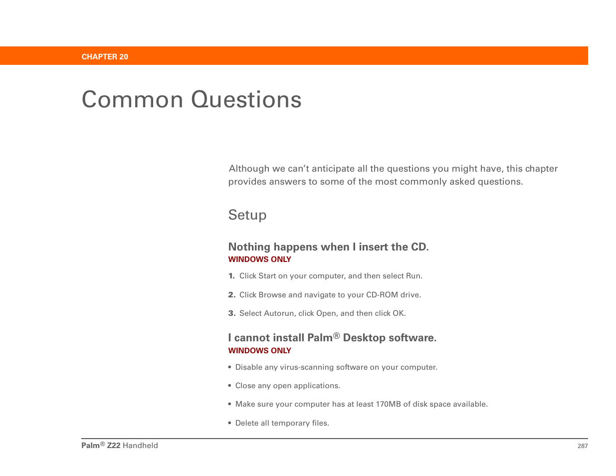 Common questions, Setup, Chapter 20: common questions | Palm Z22 User Manual | Page 301 / 343