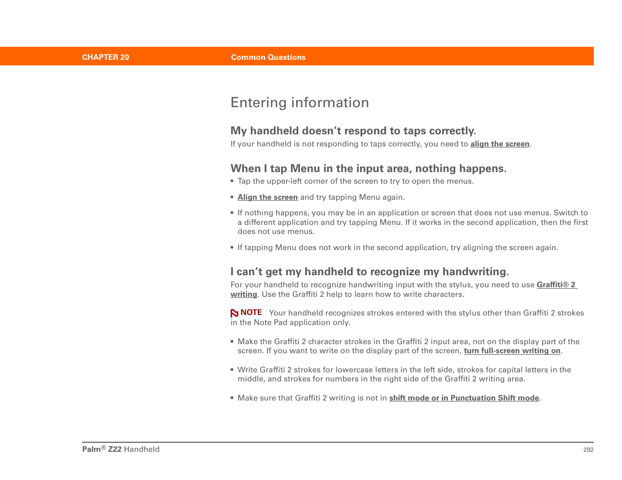 Entering information, My handheld doesn’t respond to taps correctly, When i tap menu in the input area, nothing happens | Palm Z22 User Manual | Page 306 / 343