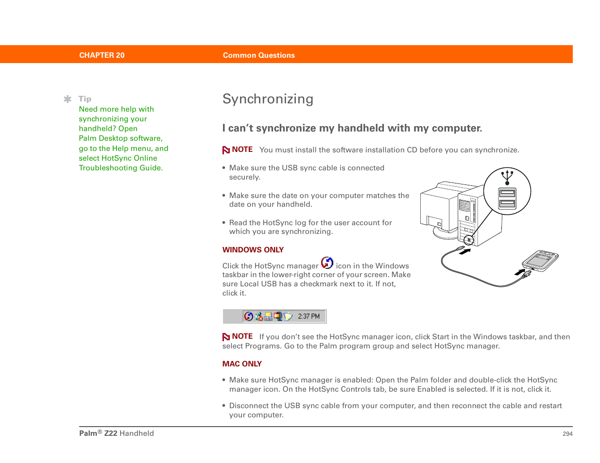 Synchronizing, I can’t synchronize my handheld with my computer | Palm Z22 User Manual | Page 308 / 343