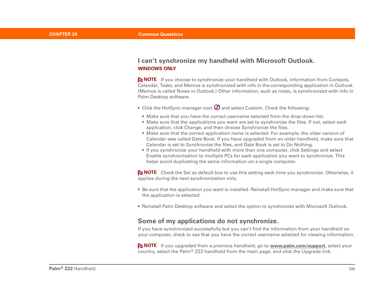 Some of my applications do not synchronize | Palm Z22 User Manual | Page 310 / 343