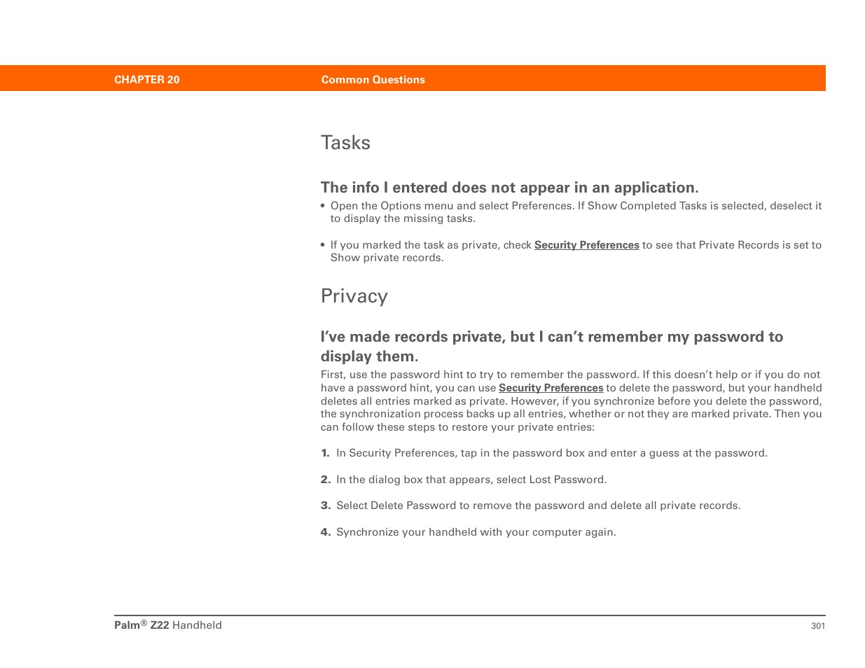 Tasks, Privacy, Tasks privacy | Palm Z22 User Manual | Page 315 / 343