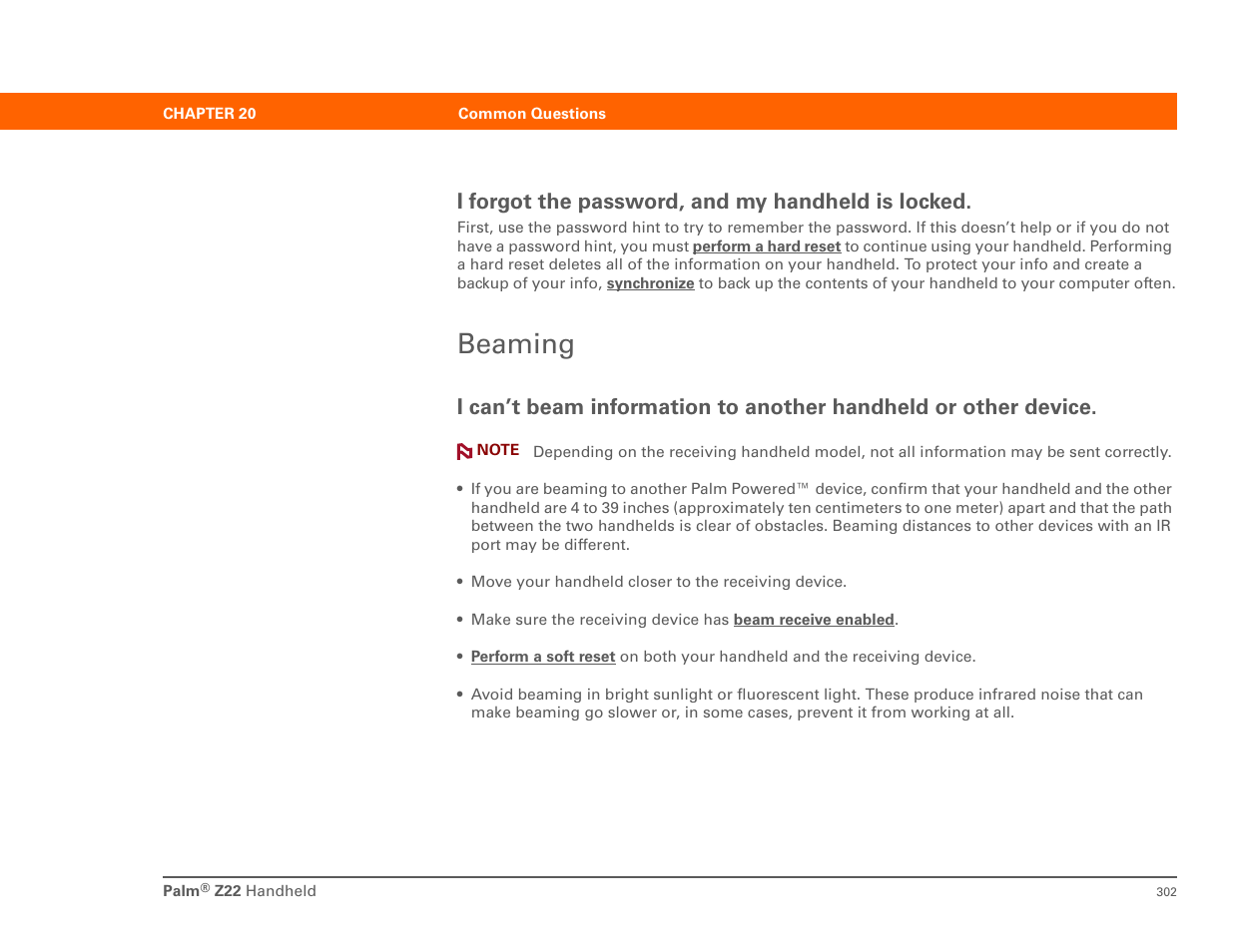 Beaming, I forgot the password, and my handheld is locked | Palm Z22 User Manual | Page 316 / 343