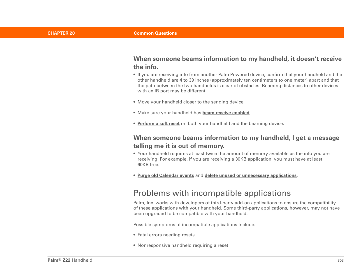 Problems with incompatible applications, Incompatible applications | Palm Z22 User Manual | Page 317 / 343