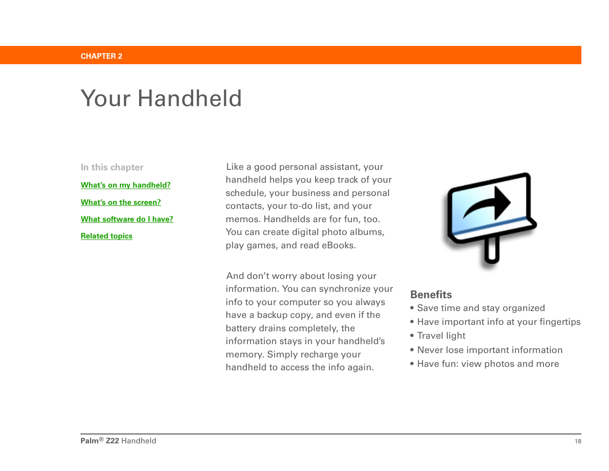 Your handheld, Chapter 2: your handheld | Palm Z22 User Manual | Page 32 / 343