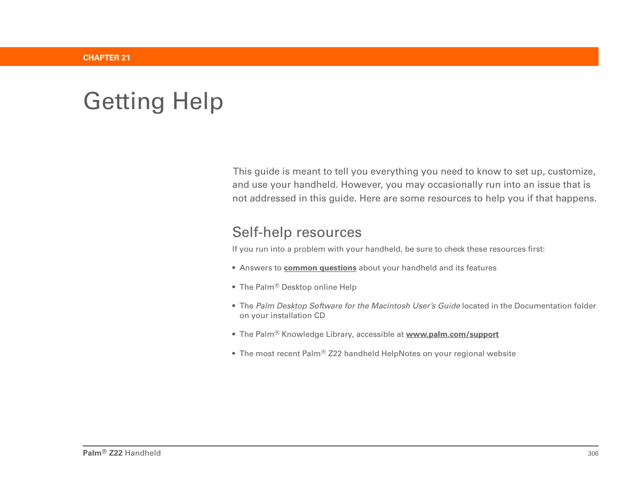 Getting help, Self-help resources, Chapter 21: getting help | Palm Z22 User Manual | Page 320 / 343
