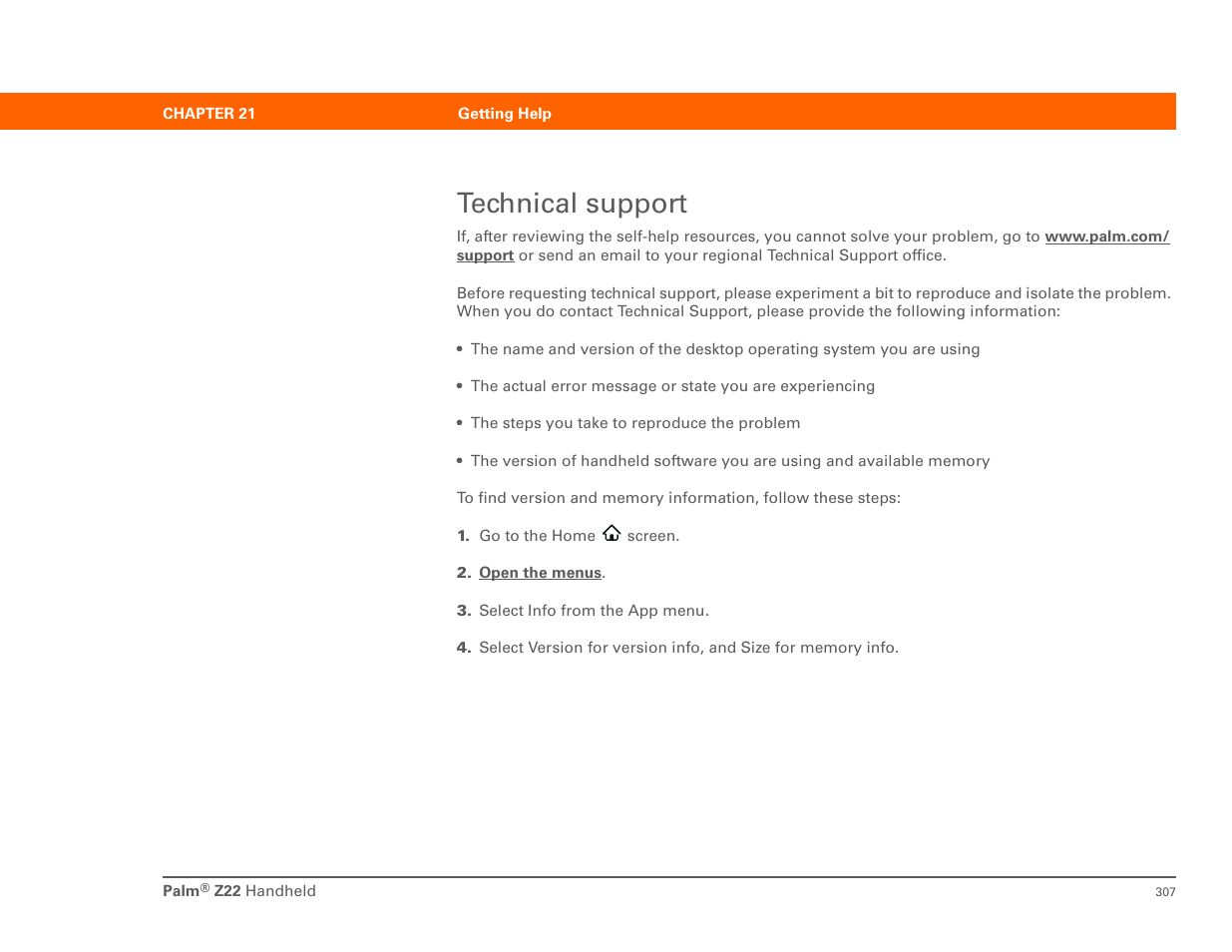 Technical support | Palm Z22 User Manual | Page 321 / 343