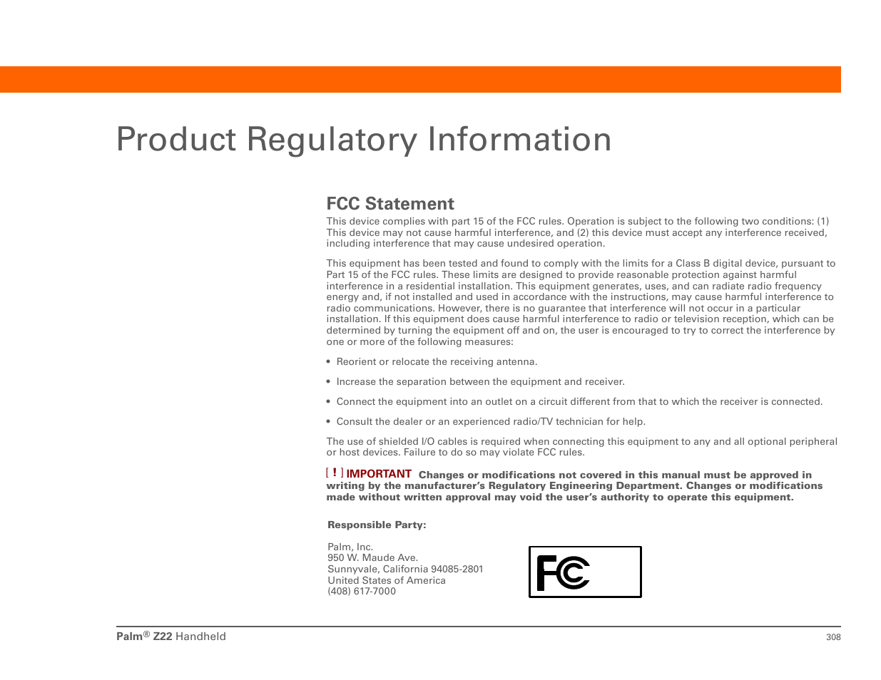 Product regulatory information, Fcc statement | Palm Z22 User Manual | Page 322 / 343