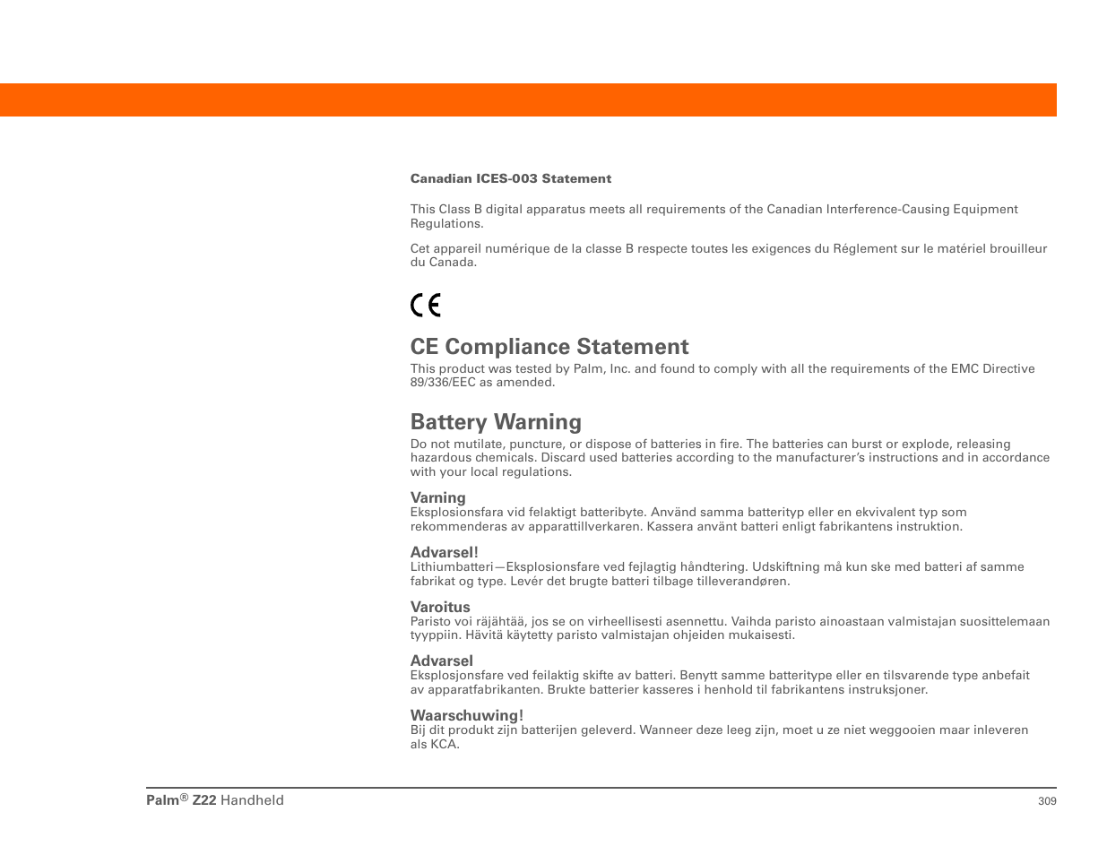 Ce compliance statement, Battery warning, Ce compliance statement battery warning | Palm Z22 User Manual | Page 323 / 343
