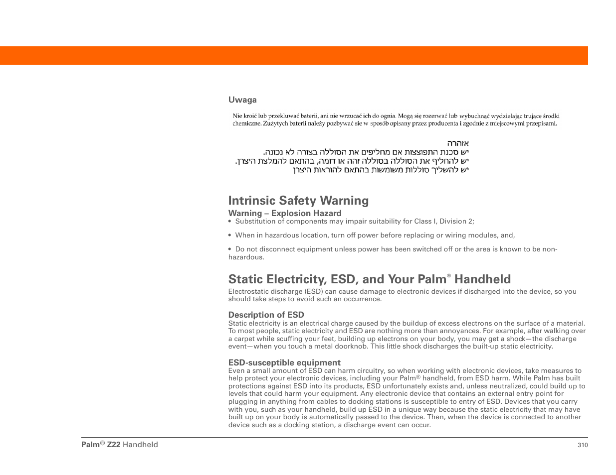 Intrinsic safety warning, Static electricity, esd, and your palm® handheld, Static electricity, esd, and your palm | Handheld | Palm Z22 User Manual | Page 324 / 343