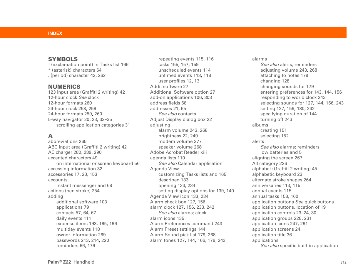 Index | Palm Z22 User Manual | Page 326 / 343