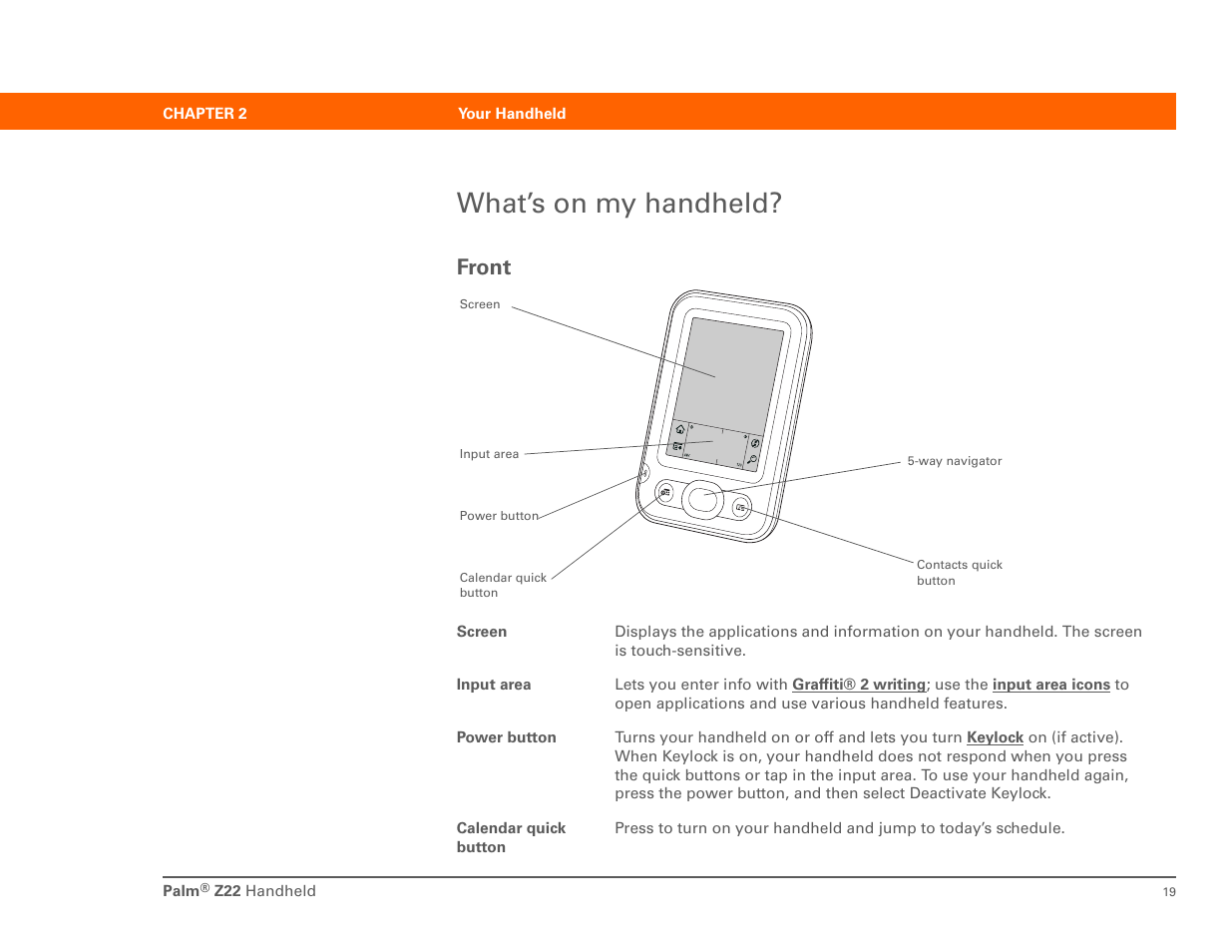 What’s on my handheld, Front | Palm Z22 User Manual | Page 33 / 343