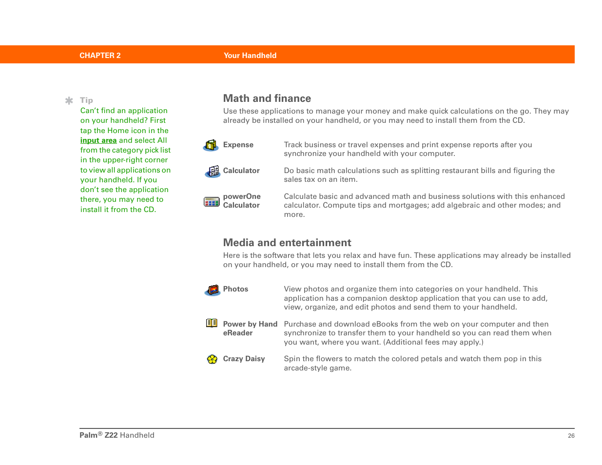 Math and finance media and entertainment, Math and finance, Media and entertainment | Palm Z22 User Manual | Page 40 / 343