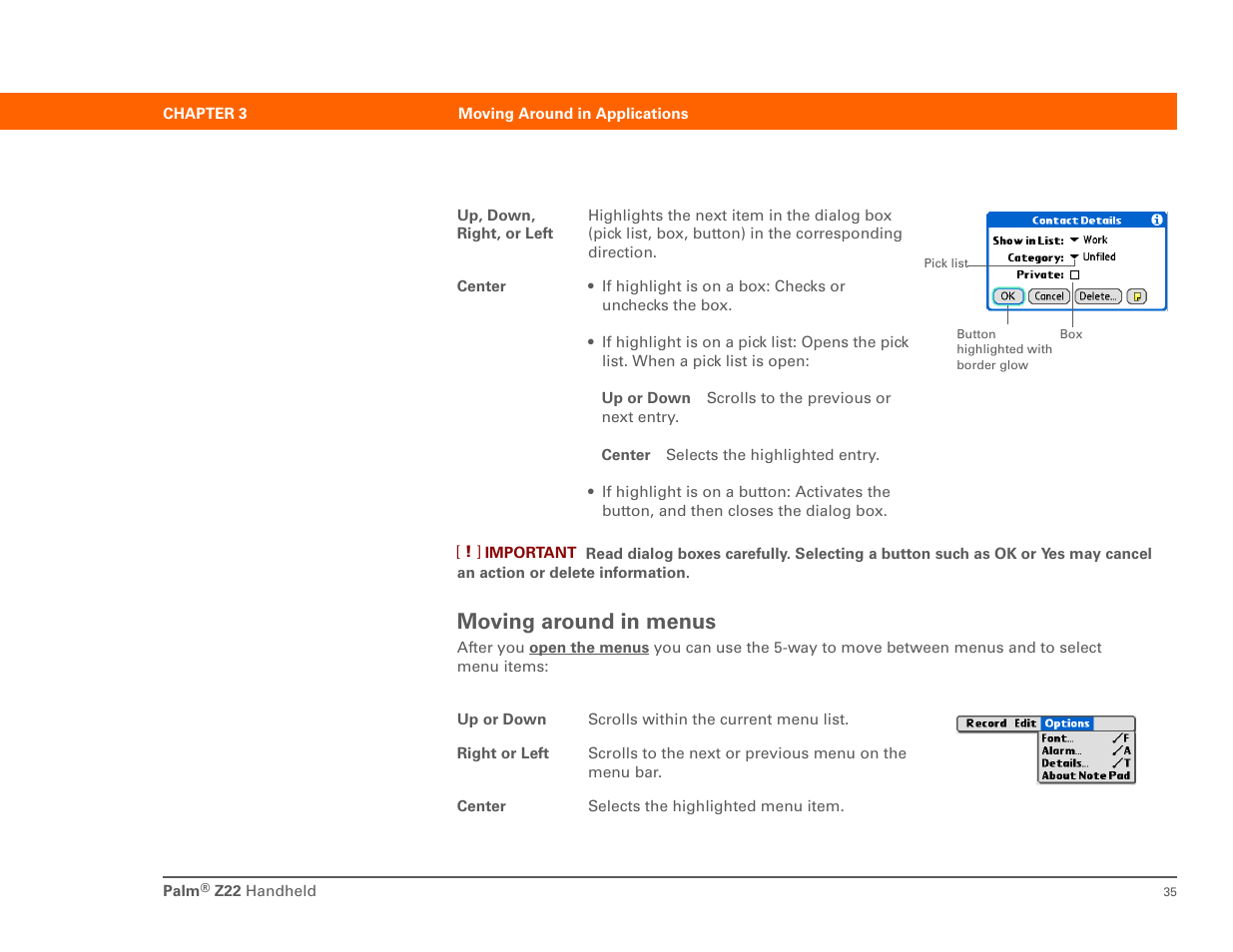 Moving around in menus | Palm Z22 User Manual | Page 49 / 343