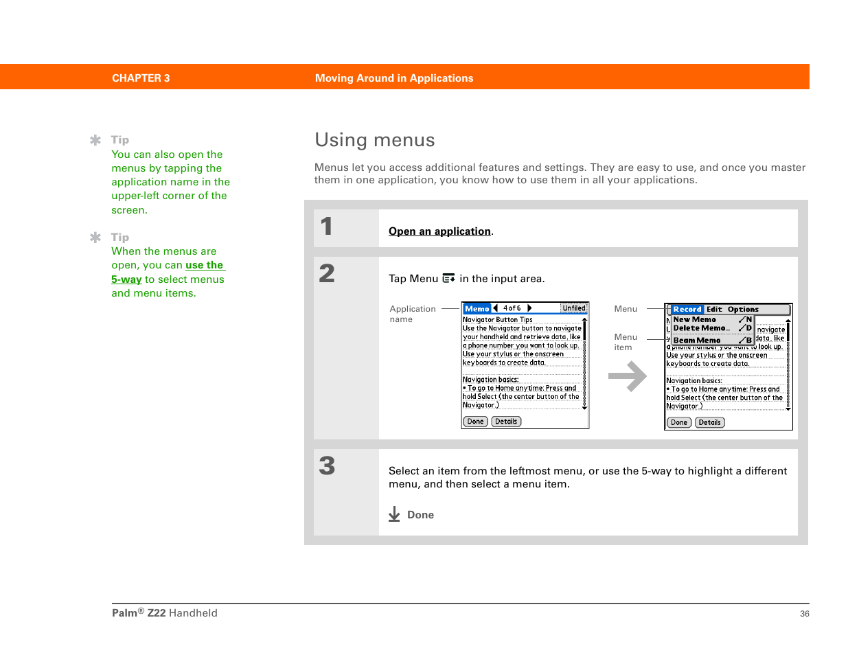 Using menus | Palm Z22 User Manual | Page 50 / 343