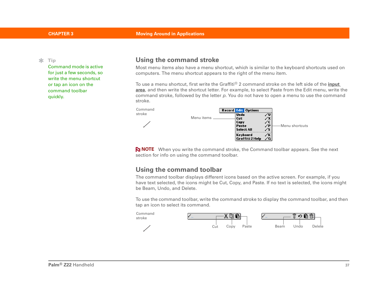 Using the command stroke using the command toolbar, Using the command stroke, Using the command toolbar | Palm Z22 User Manual | Page 51 / 343