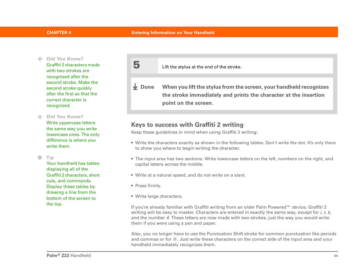 Keys to success with graffiti 2 writing | Palm Z22 User Manual | Page 58 / 343