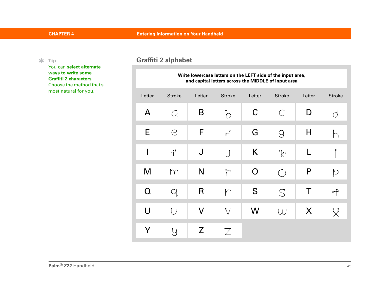 Graffiti 2 alphabet | Palm Z22 User Manual | Page 59 / 343