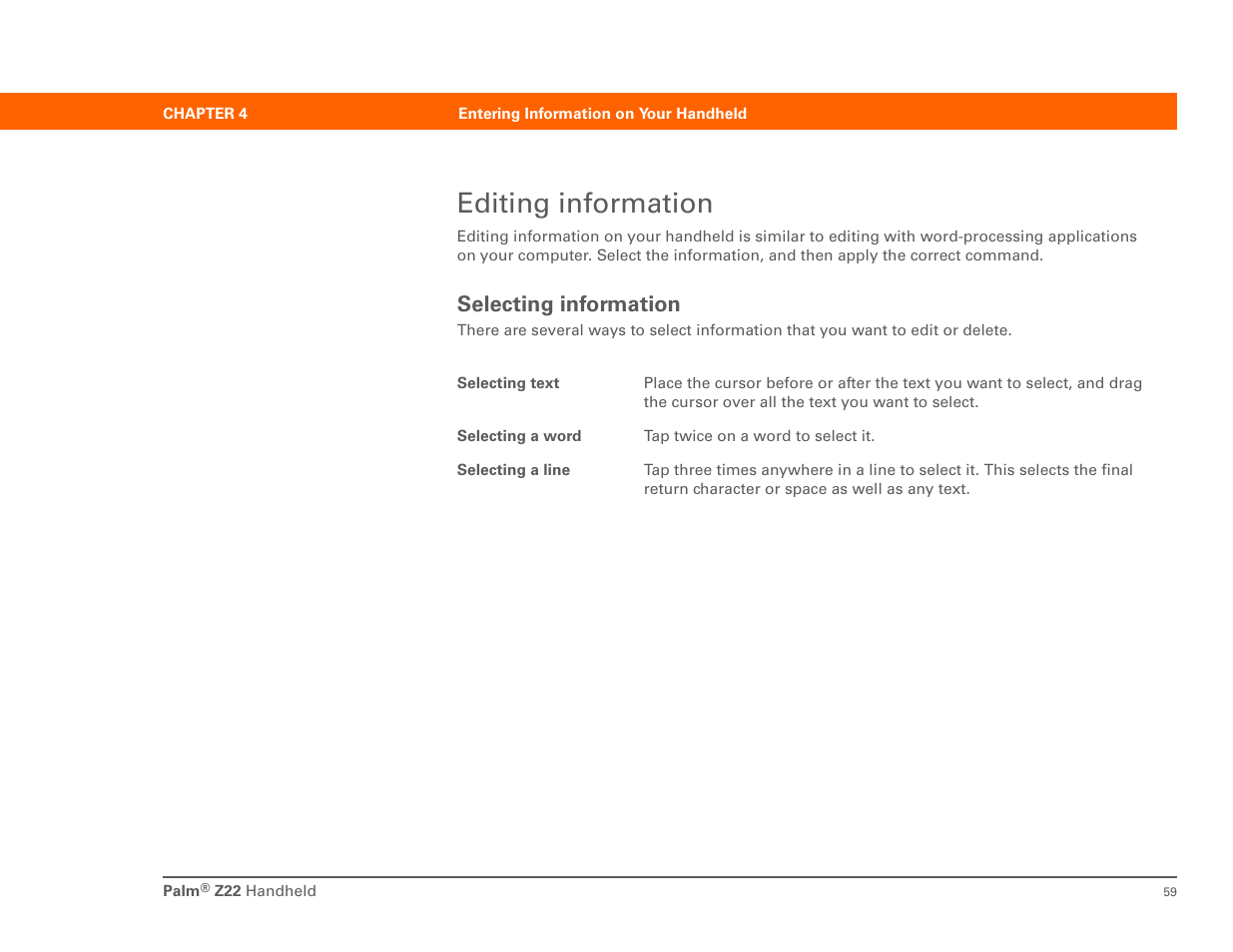 Editing information, Selecting information | Palm Z22 User Manual | Page 73 / 343