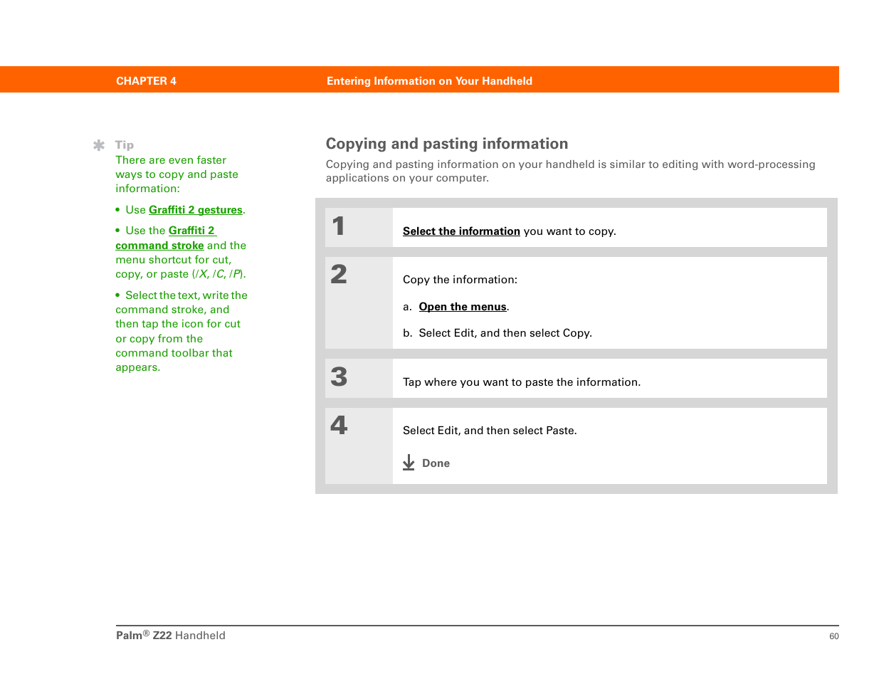 Copying and pasting information | Palm Z22 User Manual | Page 74 / 343