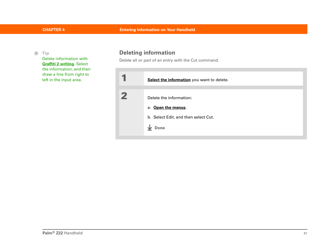 Deleting information | Palm Z22 User Manual | Page 75 / 343
