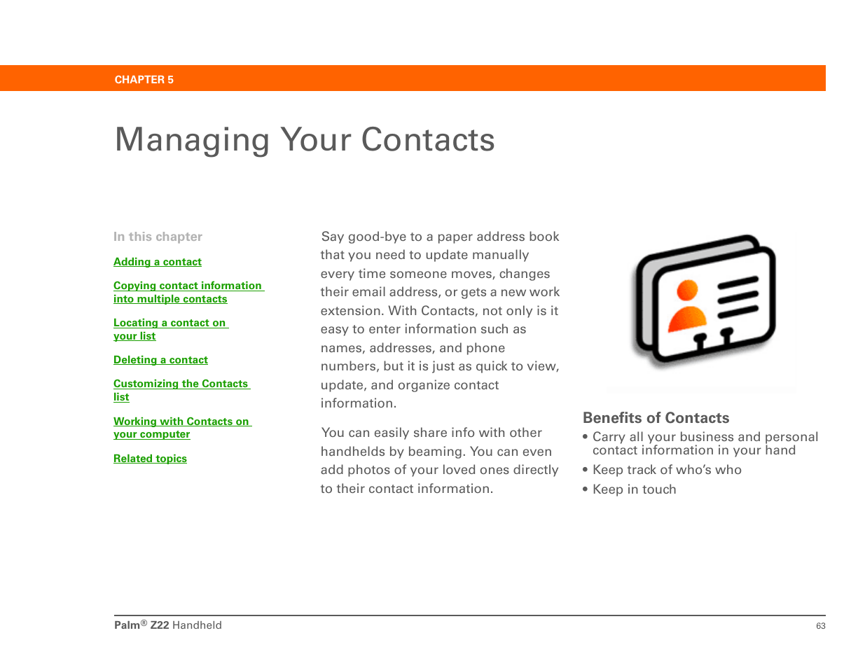 Managing your contacts, Chapter 5: managing your contacts | Palm Z22 User Manual | Page 77 / 343