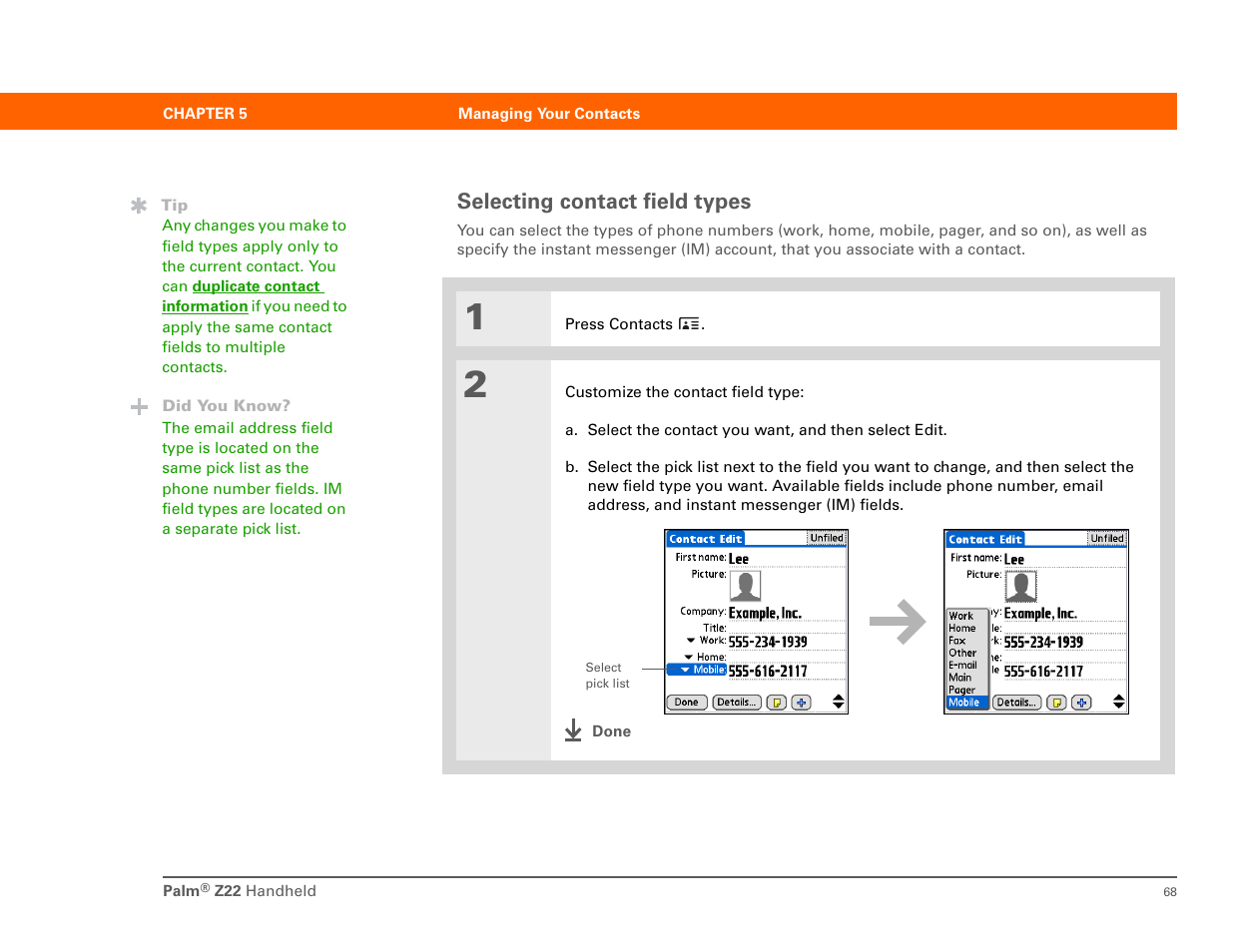 Selecting contact field types | Palm Z22 User Manual | Page 82 / 343
