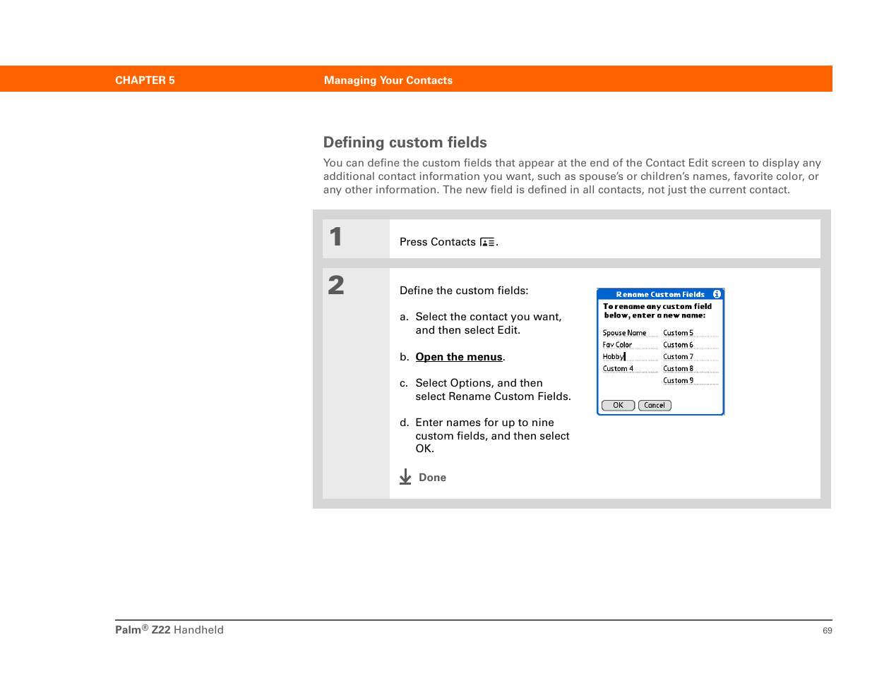 Defining custom fields | Palm Z22 User Manual | Page 83 / 343