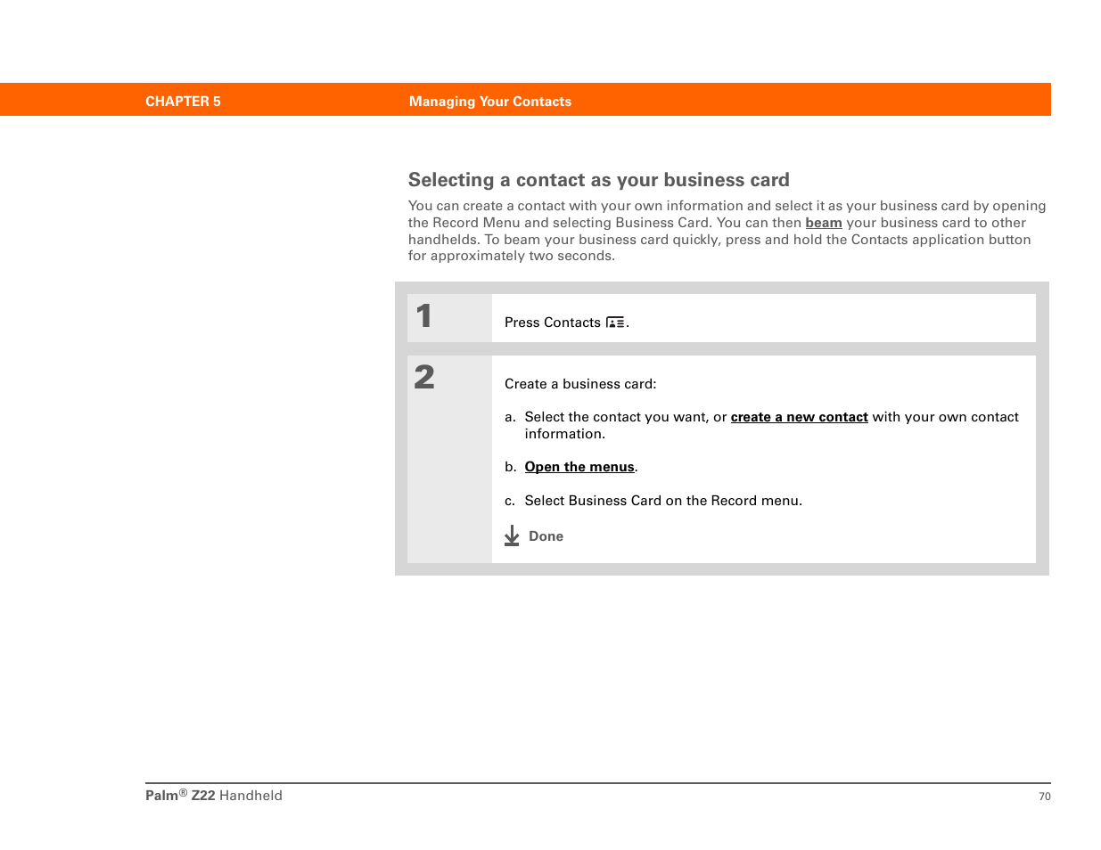 Selecting a contact as your business card | Palm Z22 User Manual | Page 84 / 343