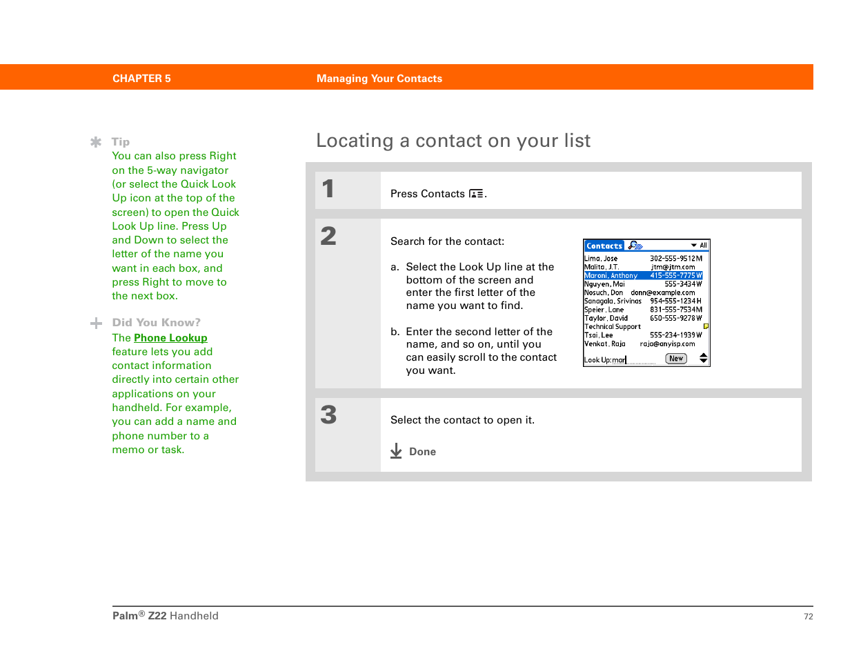 Locating a contact on your list | Palm Z22 User Manual | Page 86 / 343