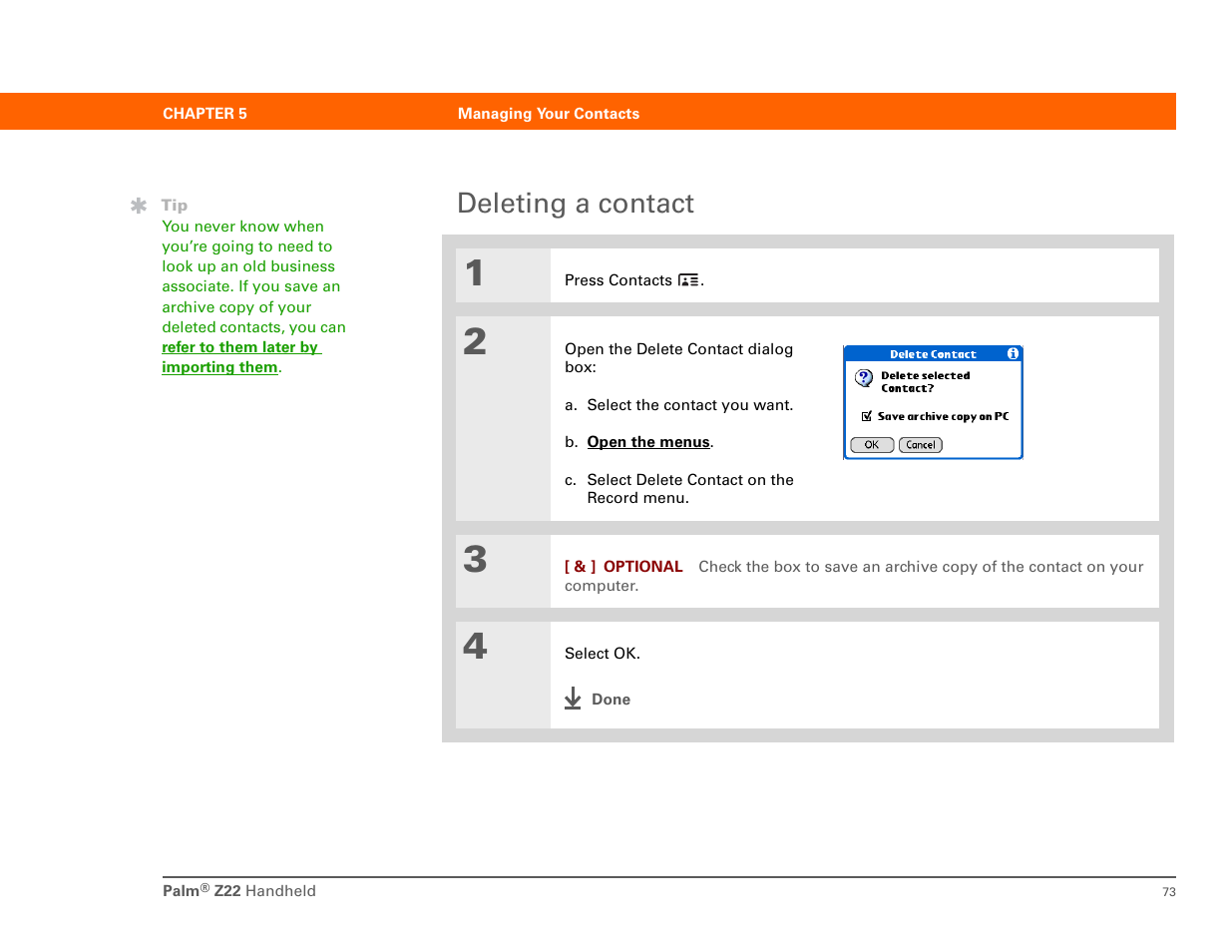 Deleting a contact | Palm Z22 User Manual | Page 87 / 343