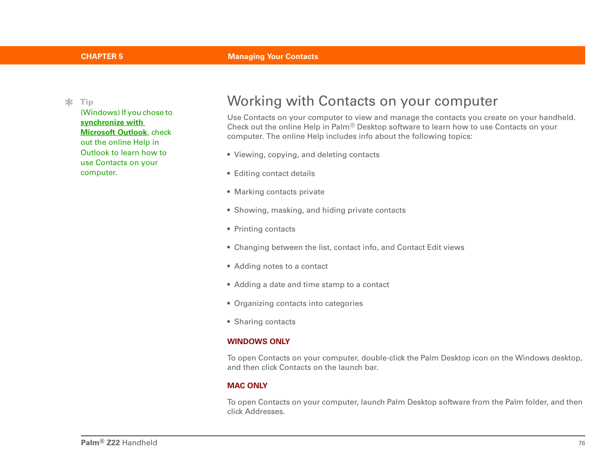 Working with contacts on your computer | Palm Z22 User Manual | Page 90 / 343