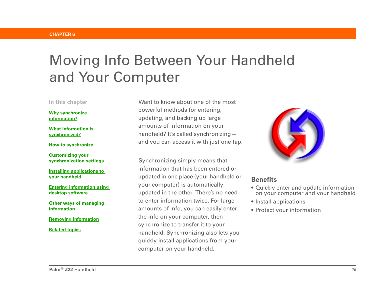 Moving info, Transfer the information to your, Handheld | Palm Z22 User Manual | Page 92 / 343