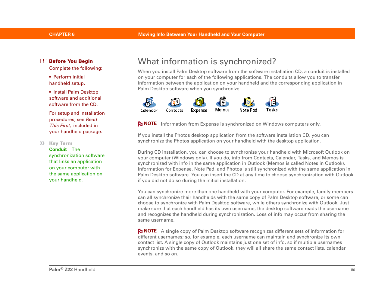 What information is synchronized, Synchronize your handheld with microsoft, Outlook on yo | Palm Z22 User Manual | Page 94 / 343