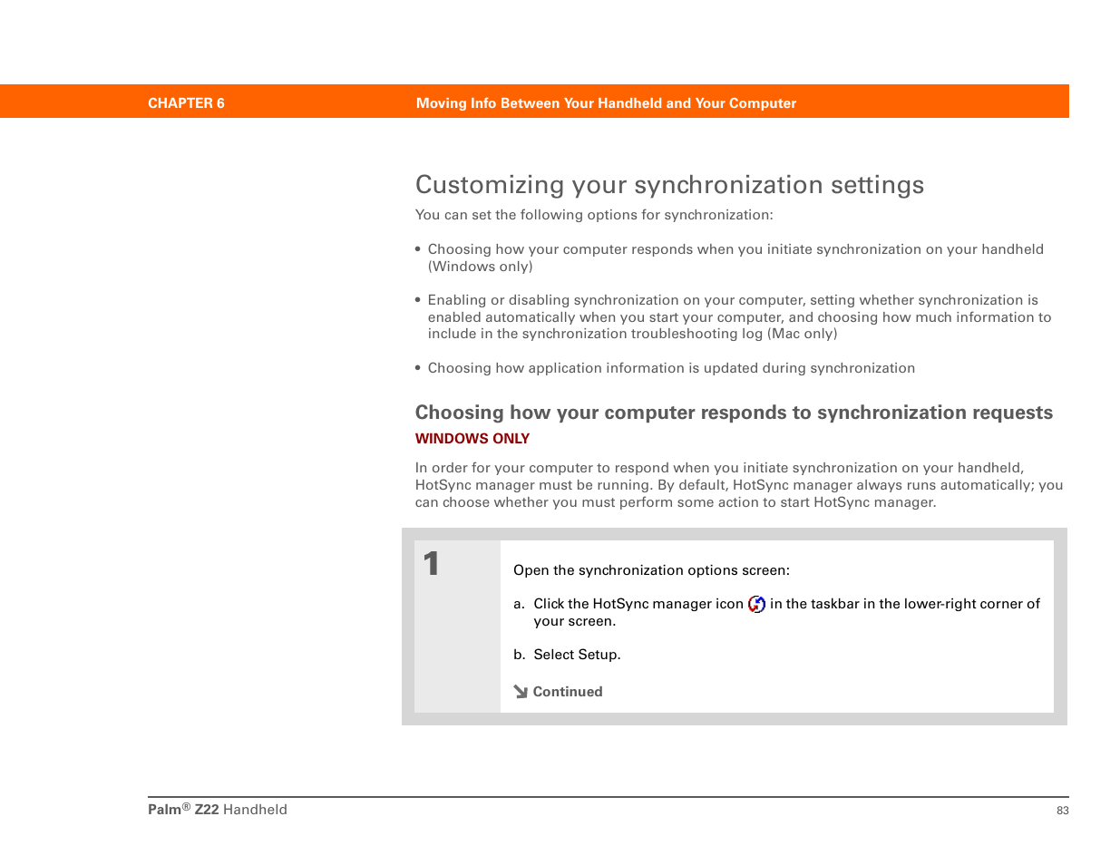 Customizing your synchronization settings, Choosing how your computer responds to, Synchronization requests | Palm Z22 User Manual | Page 97 / 343