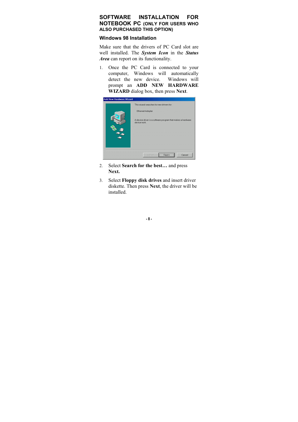 Windows 98 installation | Palm CompactFlash 10/100 User Manual | Page 10 / 18