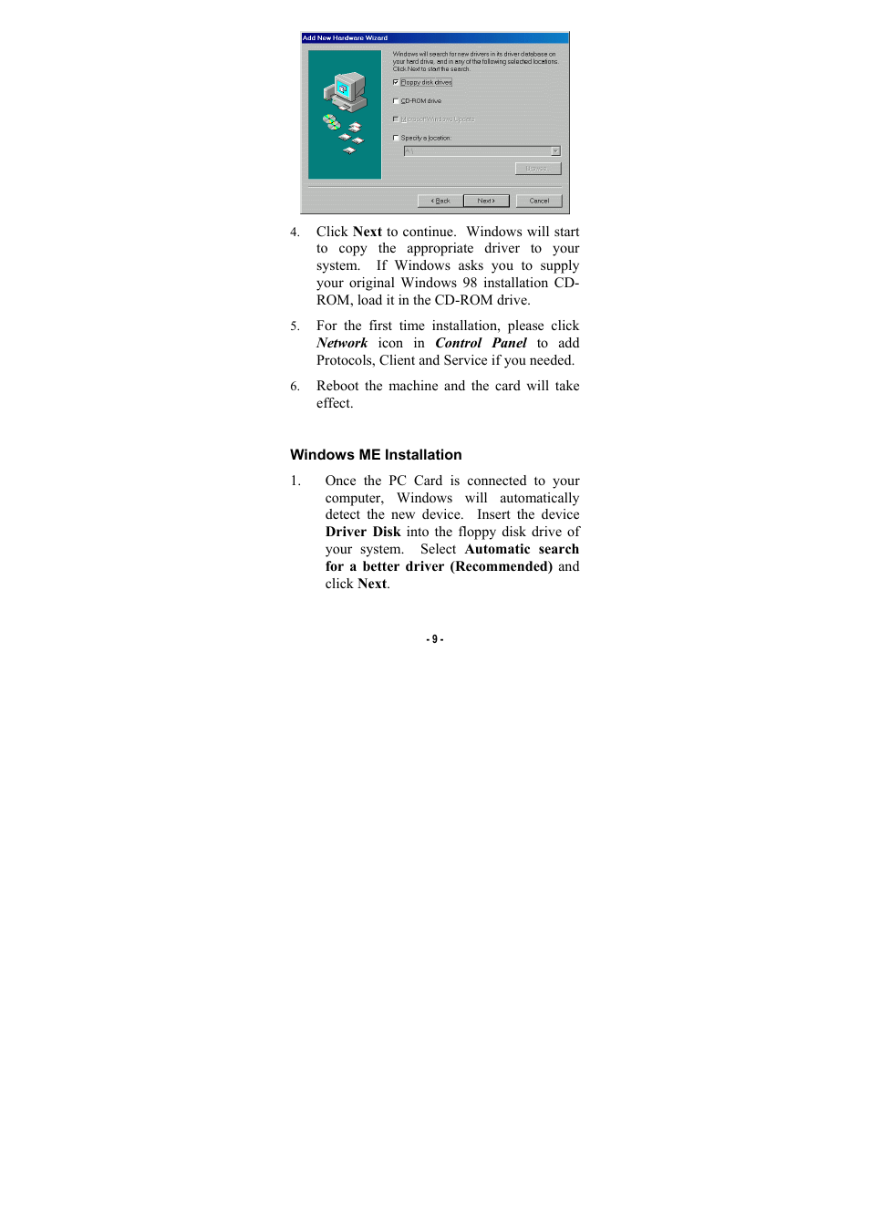 Windows me installation | Palm CompactFlash 10/100 User Manual | Page 11 / 18
