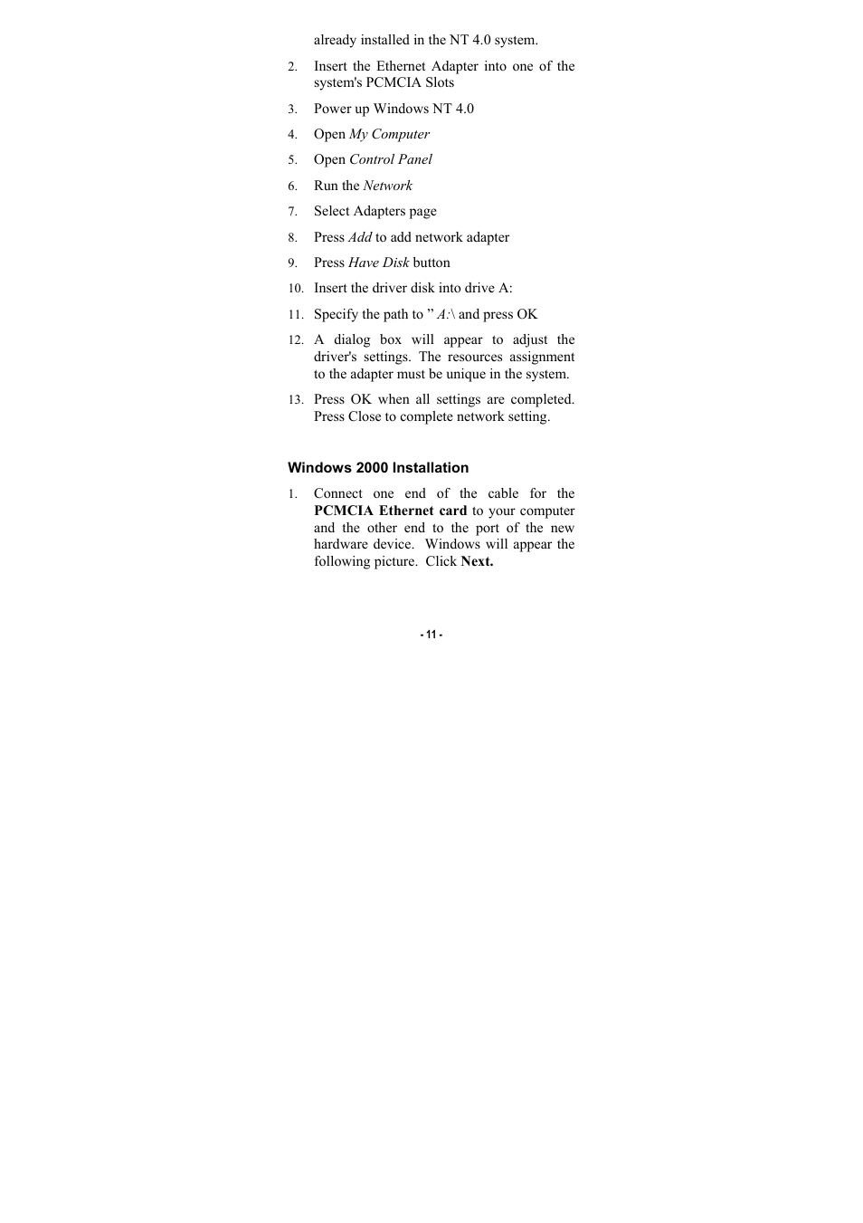 Windows 2000 installation | Palm CompactFlash 10/100 User Manual | Page 13 / 18