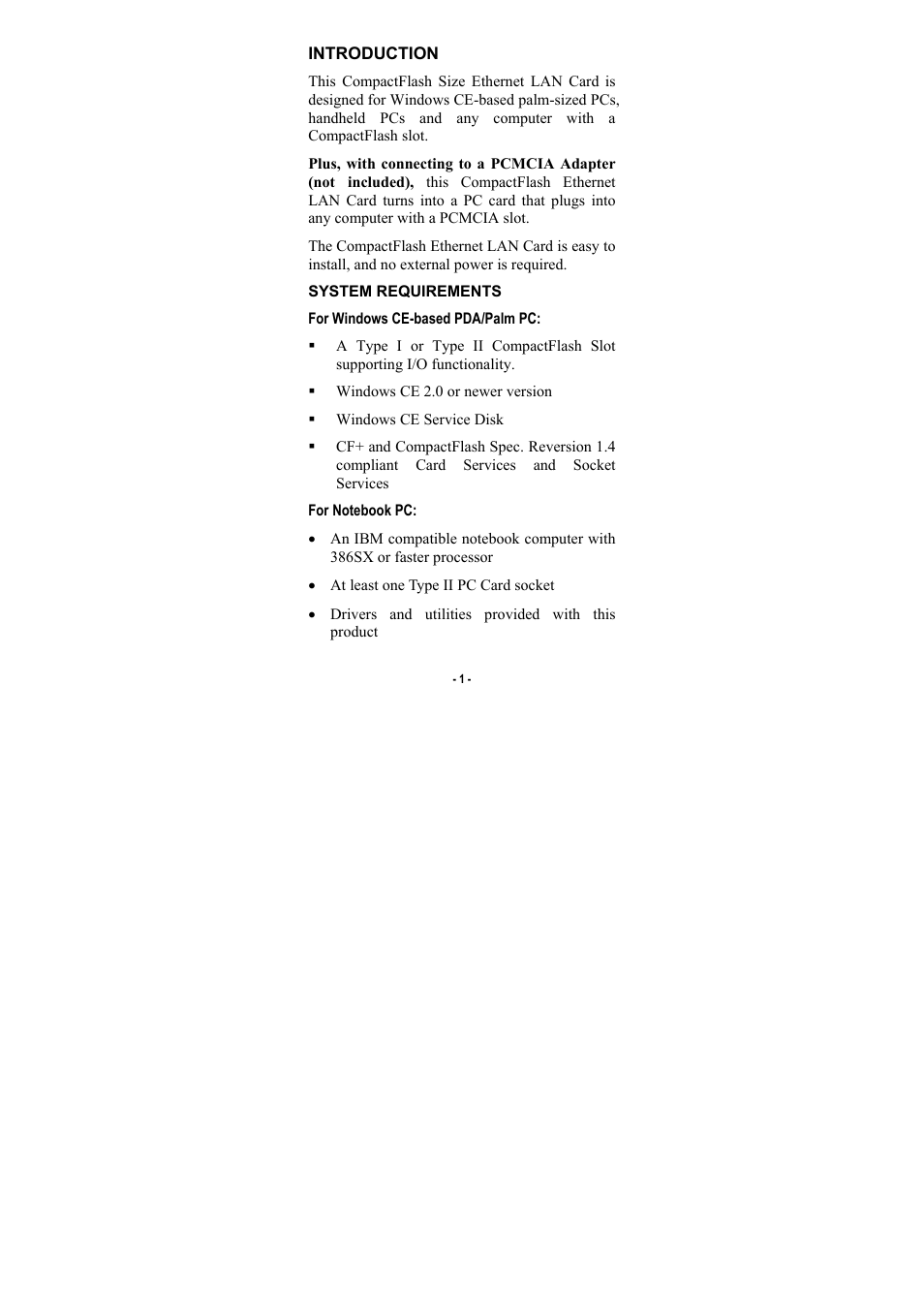 Introduction, System requirements, For windows ce-based pda/palm pc | For notebook pc | Palm CompactFlash 10/100 User Manual | Page 3 / 18