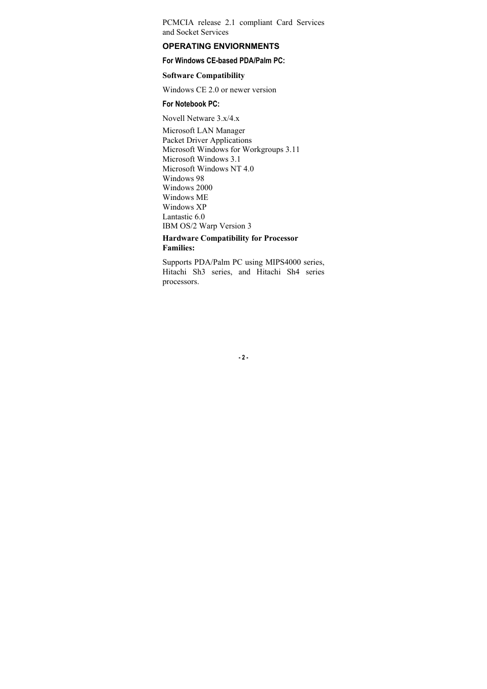 Operating enviornments, For windows ce-based pda/palm pc, For notebook pc | Palm CompactFlash 10/100 User Manual | Page 4 / 18