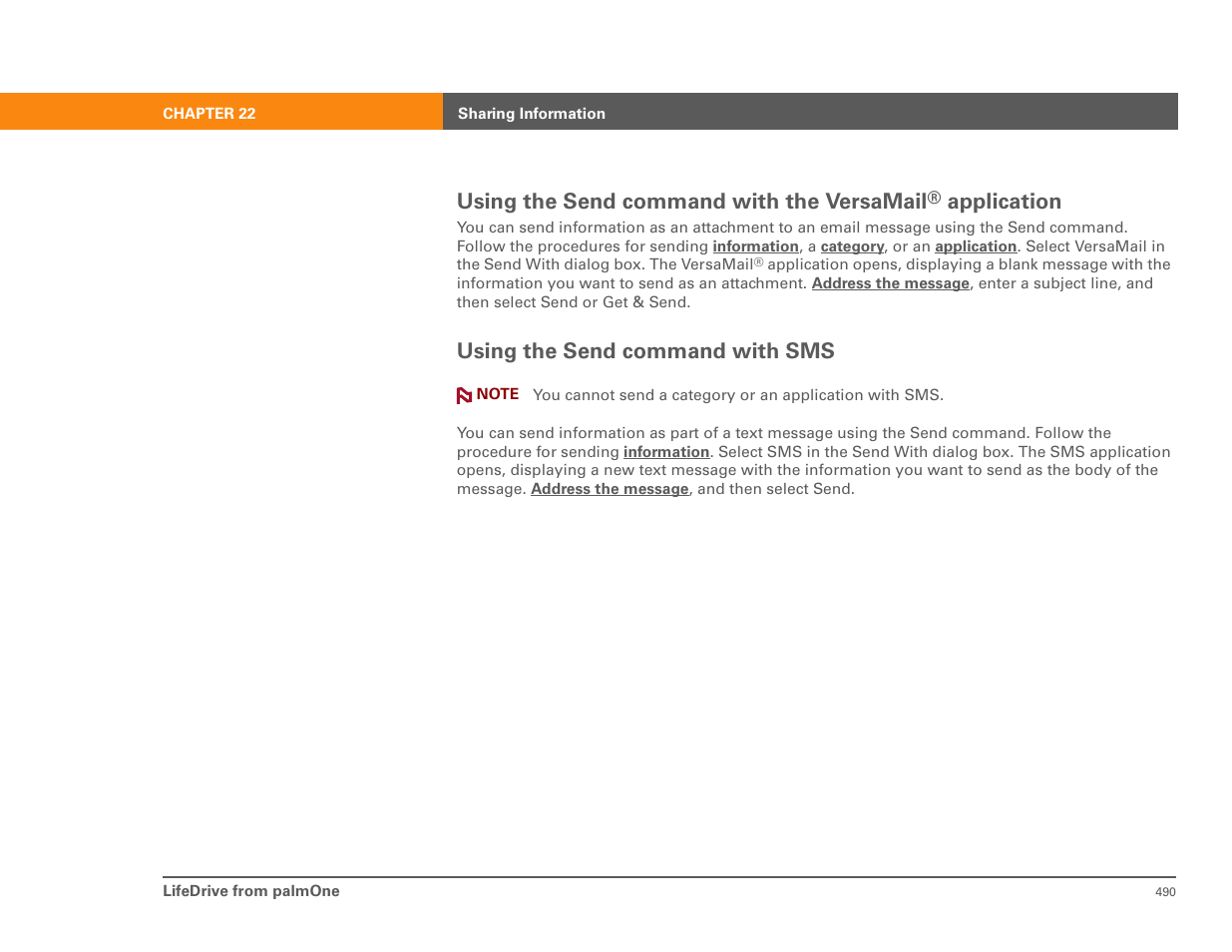 Using the send command with the versamail, Application, Using the send command with sms | Palm 485 User Manual | Page 6 / 12