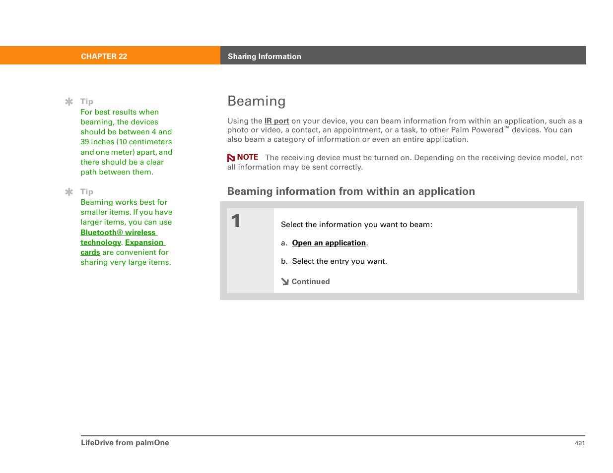 Beaming, Beaming information from within an application | Palm 485 User Manual | Page 7 / 12