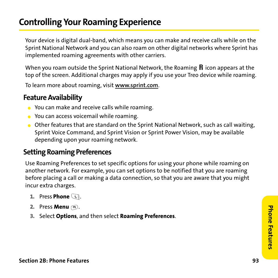 Controlling your roaming experience, Feature availability, Setting roaming preferences | Palm Treo 755P User Manual | Page 101 / 390