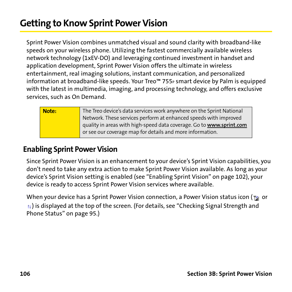 Getting to know sprint power vision, Enabling sprint power vision | Palm Treo 755P User Manual | Page 114 / 390