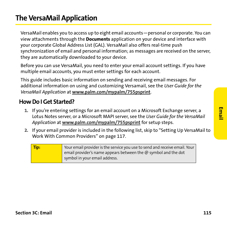 The versamail application, How do i get started | Palm Treo 755P User Manual | Page 123 / 390