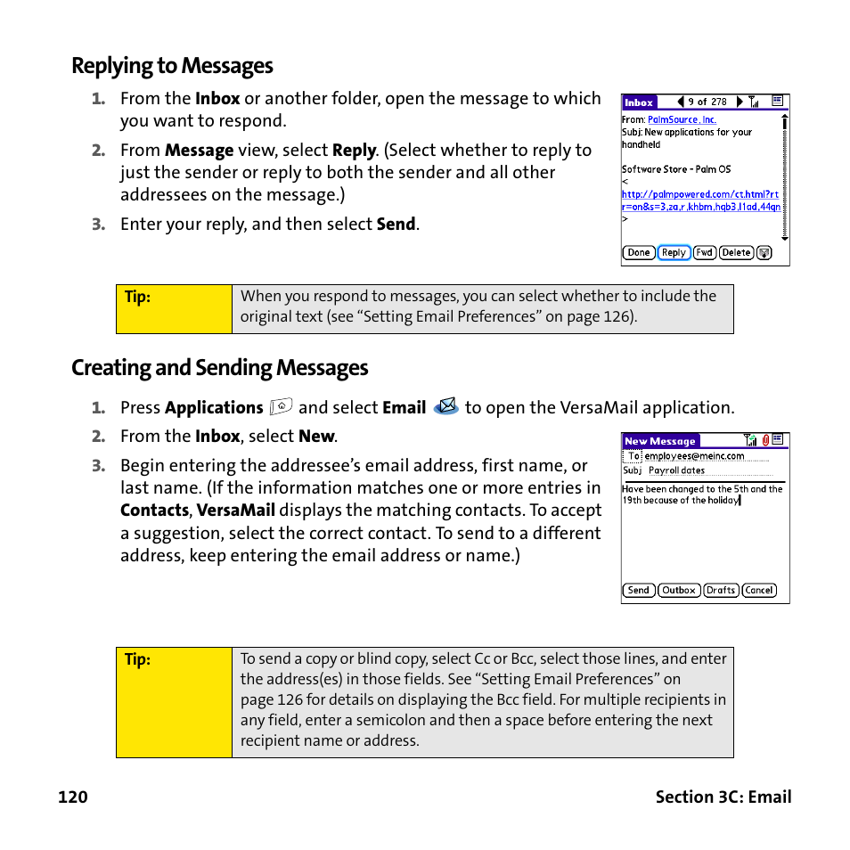 Replying to messages, Creating and sending messages | Palm Treo 755P User Manual | Page 128 / 390