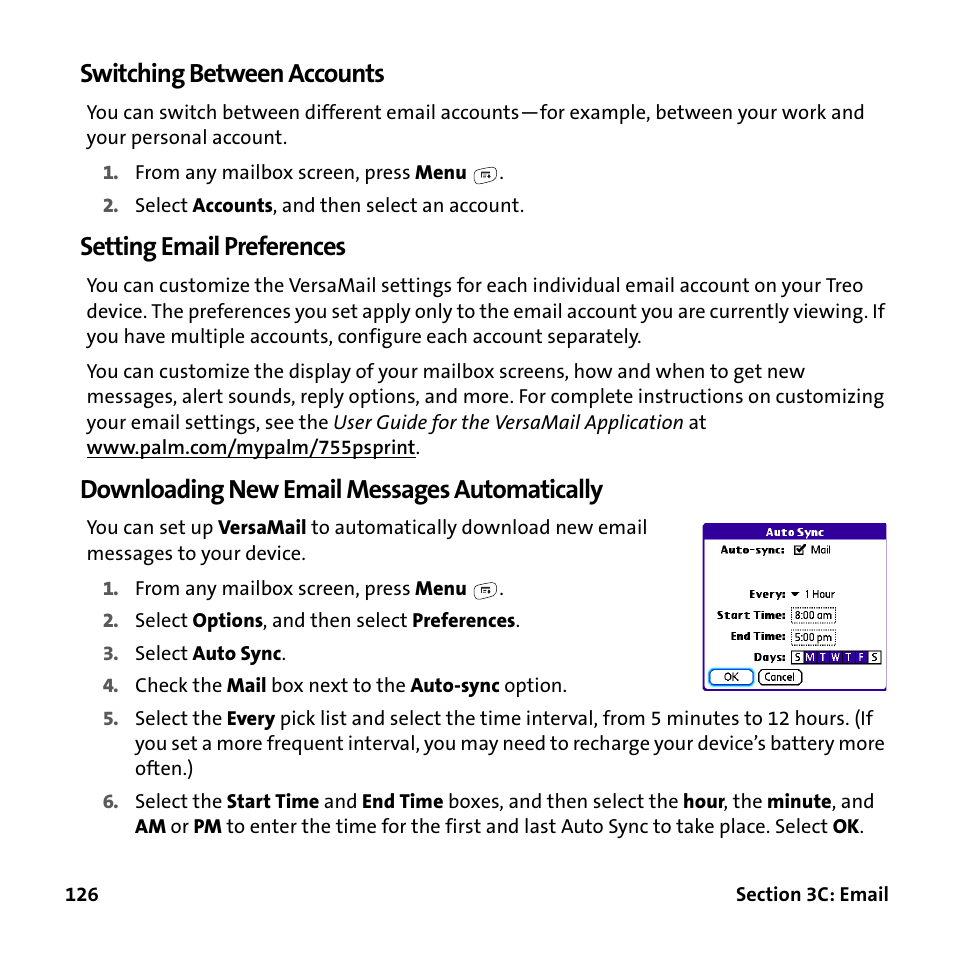 Switching between accounts, Setting email preferences, Downloading new email messages automatically | Palm Treo 755P User Manual | Page 134 / 390