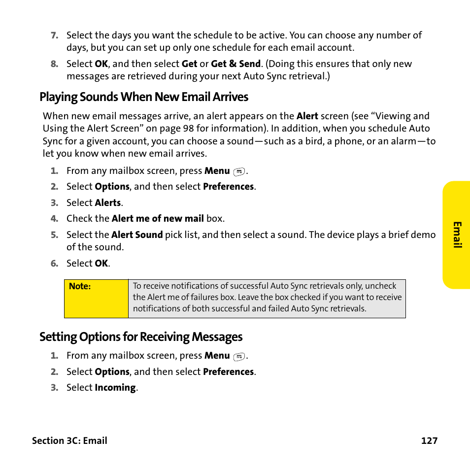 Playing sounds when new email arrives, Setting options for receiving messages | Palm Treo 755P User Manual | Page 135 / 390